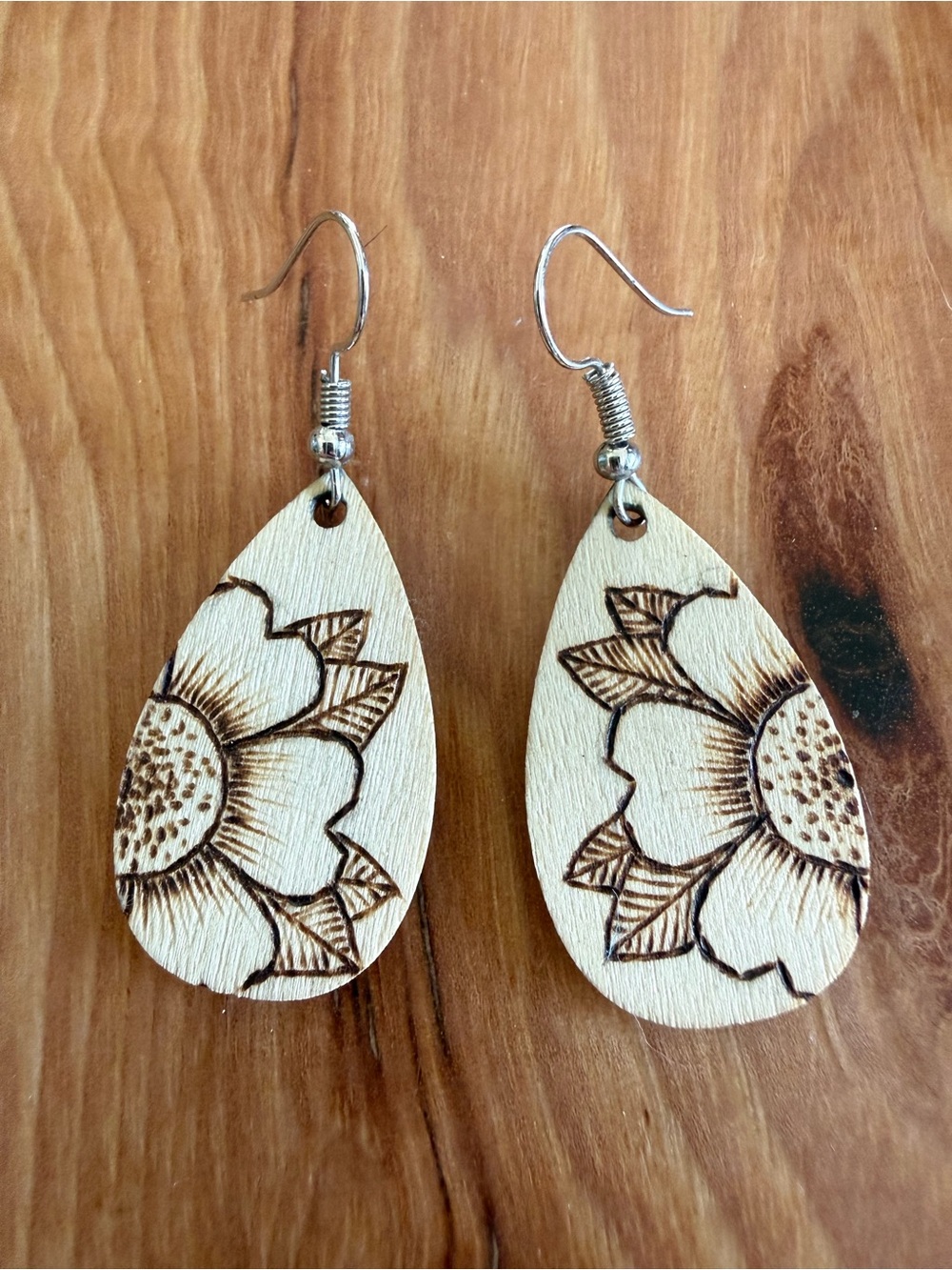 $5 Handcrafted Sunflower Teardrop Wood Earrings - Natural Brown